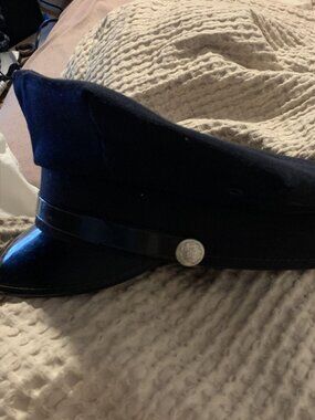 Vintage Black Wool 8 Pointed Captain Classic US Police Officer Cap w Visor 7.5